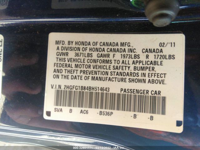 Photo 8 VIN: 2HGFG1B84BH514643 - HONDA CIVIC CPE 