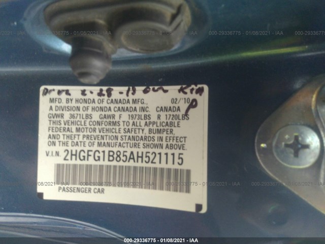 Photo 8 VIN: 2HGFG1B85AH521115 - HONDA CIVIC CPE 