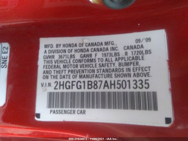 Photo 8 VIN: 2HGFG1B87AH501335 - HONDA CIVIC CPE 