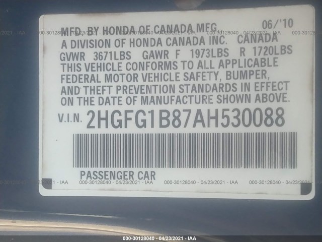 Photo 8 VIN: 2HGFG1B87AH530088 - HONDA CIVIC CPE 