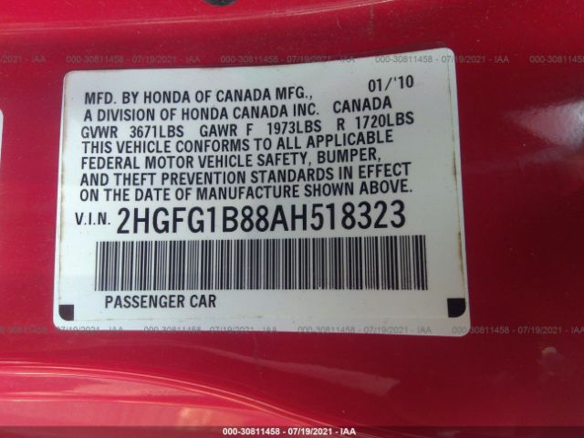 Photo 8 VIN: 2HGFG1B88AH518323 - HONDA CIVIC CPE 