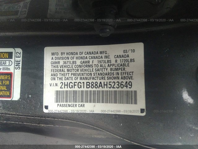 Photo 8 VIN: 2HGFG1B88AH523649 - HONDA CIVIC CPE 