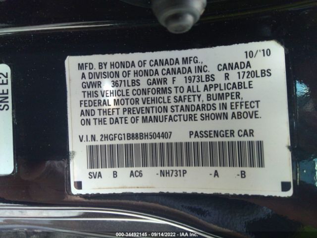 Photo 8 VIN: 2HGFG1B88BH504407 - HONDA CIVIC CPE 