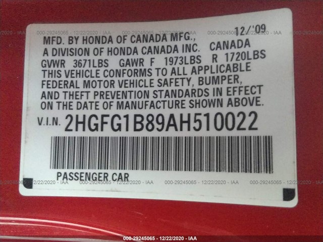 Photo 8 VIN: 2HGFG1B89AH510022 - HONDA CIVIC CPE 