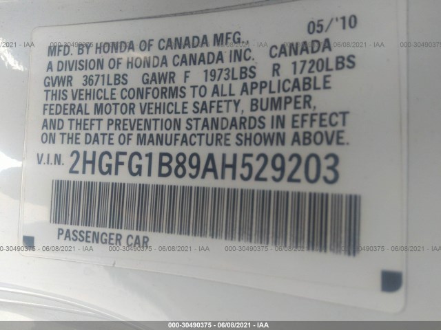 Photo 8 VIN: 2HGFG1B89AH529203 - HONDA CIVIC CPE 