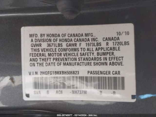 Photo 8 VIN: 2HGFG1B8XBH506823 - HONDA CIVIC 