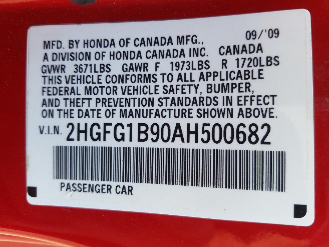 Photo 9 VIN: 2HGFG1B90AH500682 - HONDA CIVIC EXL 