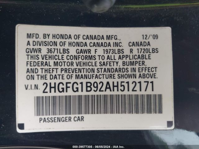 Photo 8 VIN: 2HGFG1B92AH512171 - HONDA CIVIC 