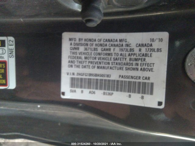 Photo 8 VIN: 2HGFG1B95BH505183 - HONDA CIVIC CPE 