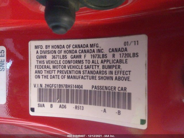 Photo 8 VIN: 2HGFG1B97BH514404 - HONDA CIVIC CPE 