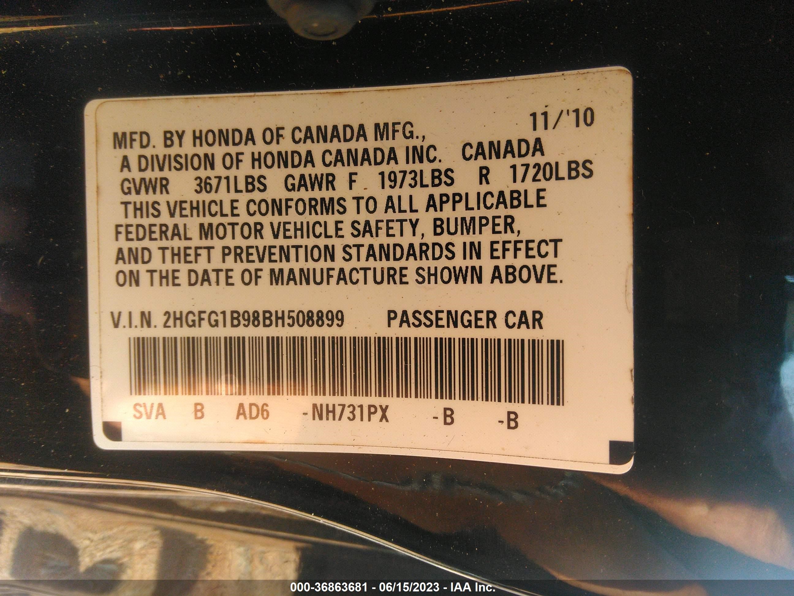 Photo 8 VIN: 2HGFG1B98BH508899 - HONDA CIVIC 