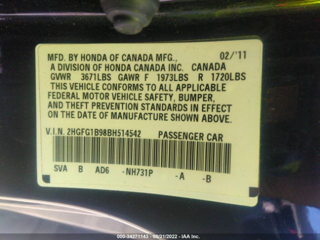 Photo 8 VIN: 2HGFG1B98BH514542 - HONDA CIVIC CPE 