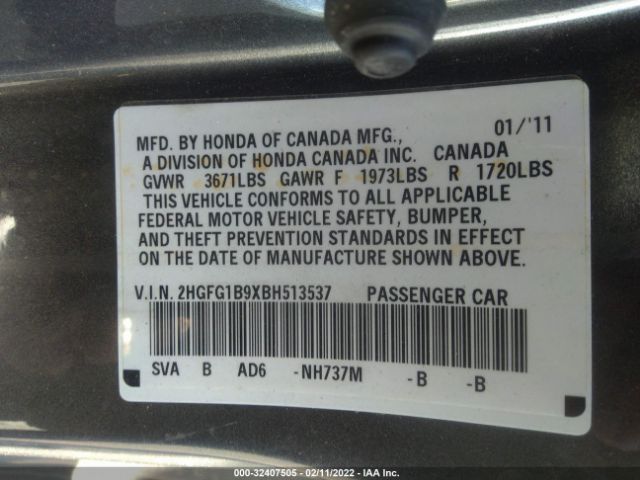 Photo 8 VIN: 2HGFG1B9XBH513537 - HONDA CIVIC CPE 