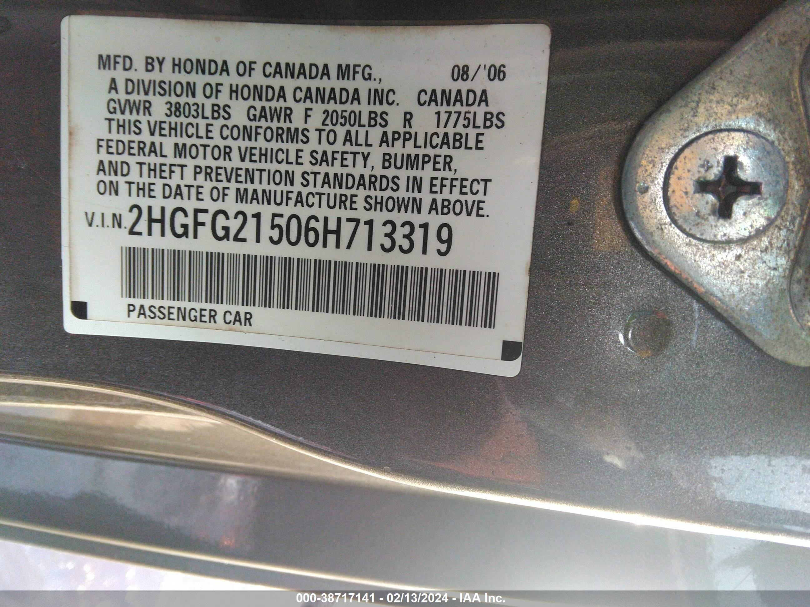 Photo 8 VIN: 2HGFG21506H713319 - HONDA CIVIC 