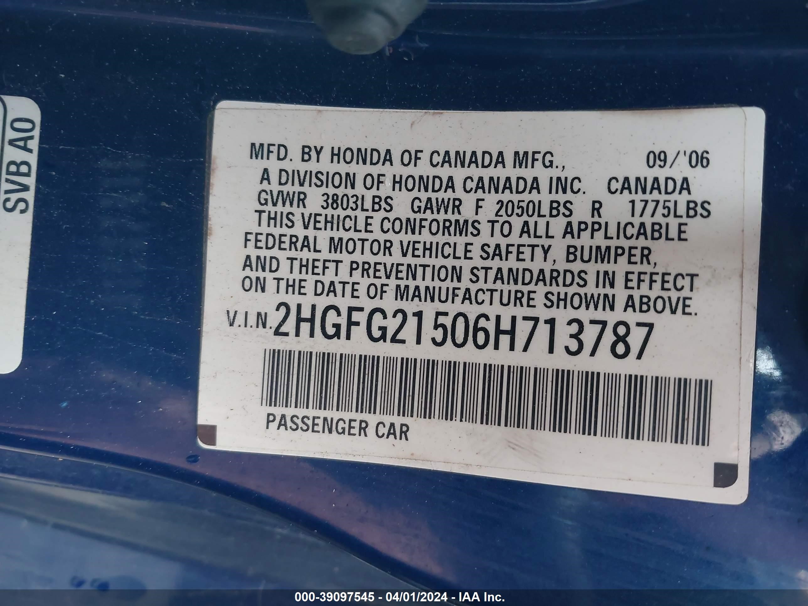 Photo 8 VIN: 2HGFG21506H713787 - HONDA CIVIC 