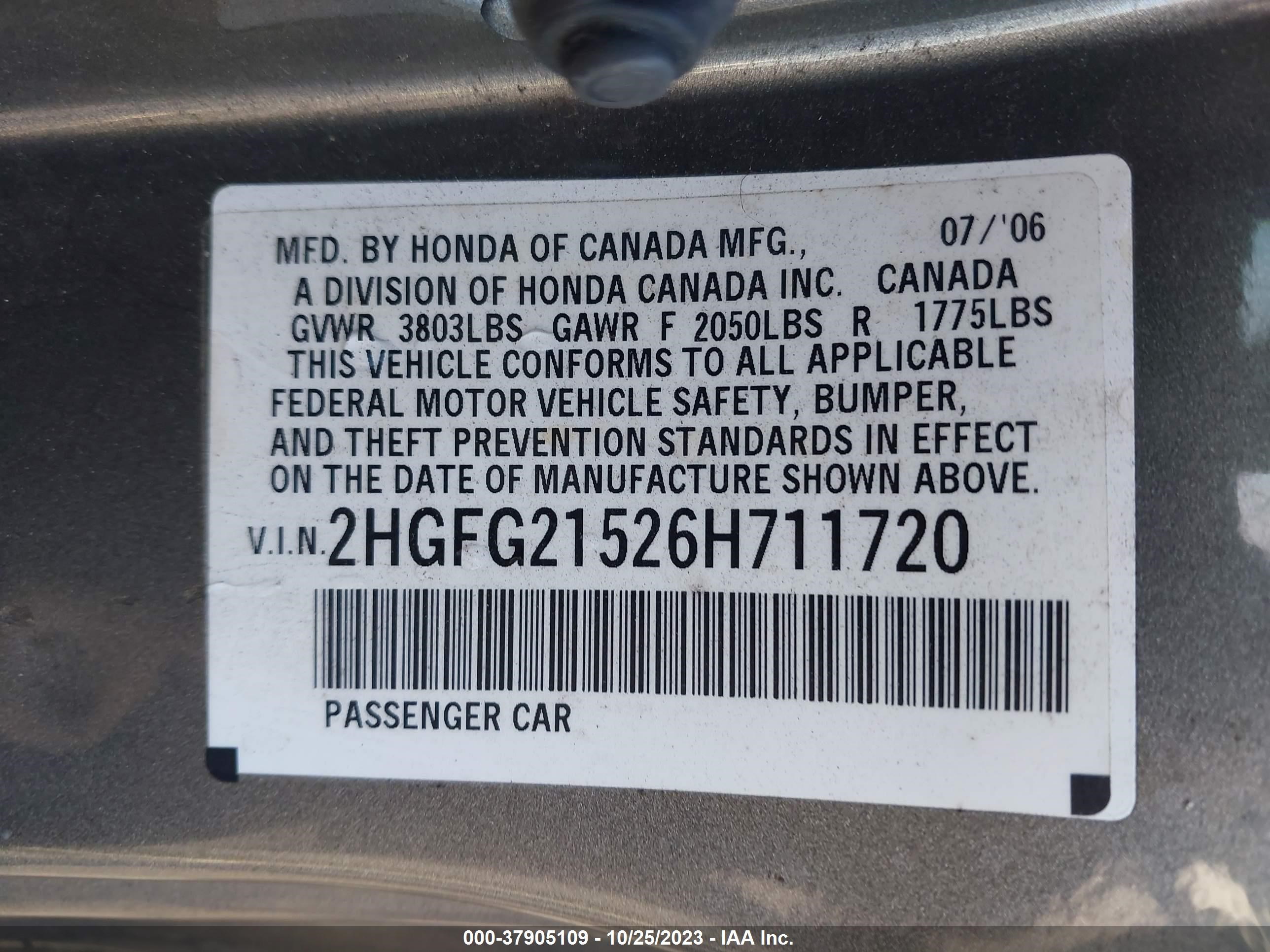 Photo 8 VIN: 2HGFG21526H711720 - HONDA CIVIC 