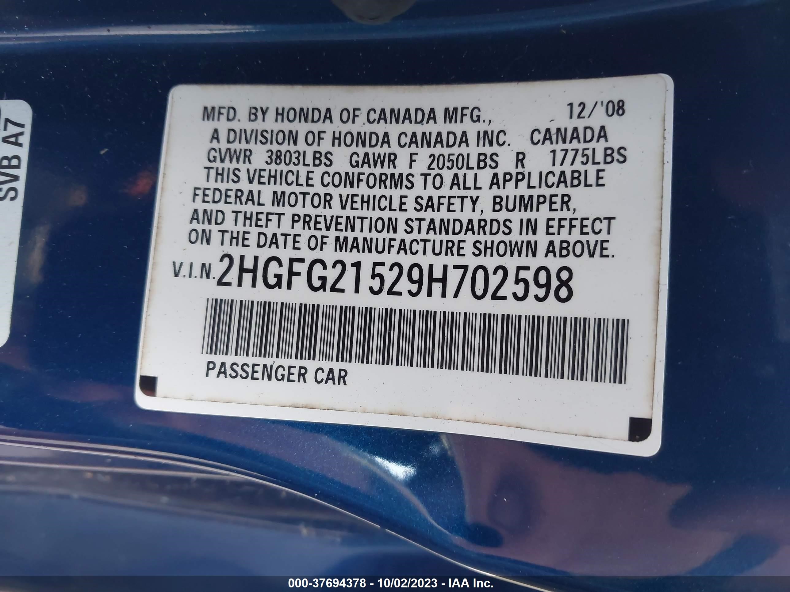 Photo 8 VIN: 2HGFG21529H702598 - HONDA CIVIC 