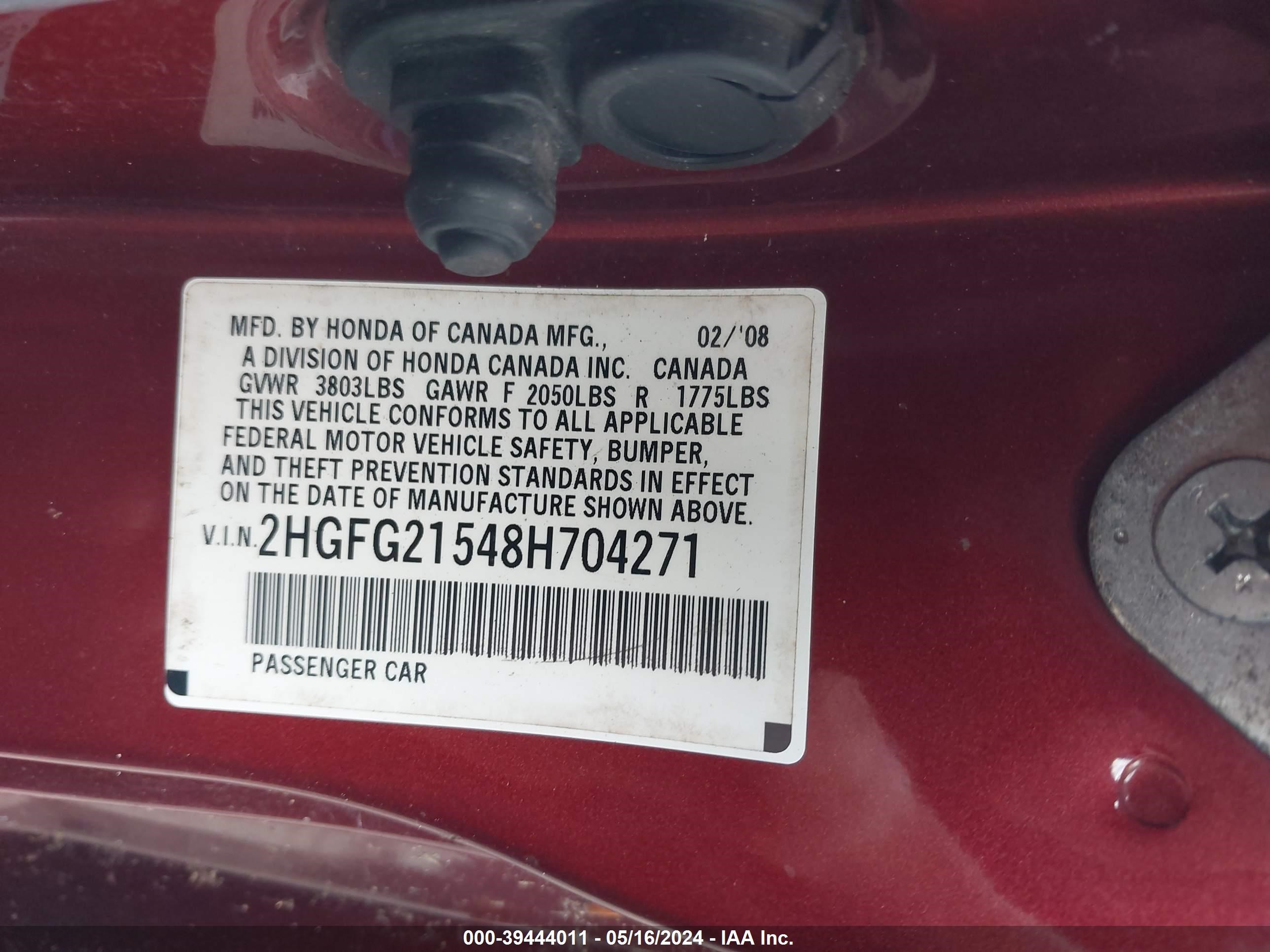 Photo 8 VIN: 2HGFG21548H704271 - HONDA CIVIC 