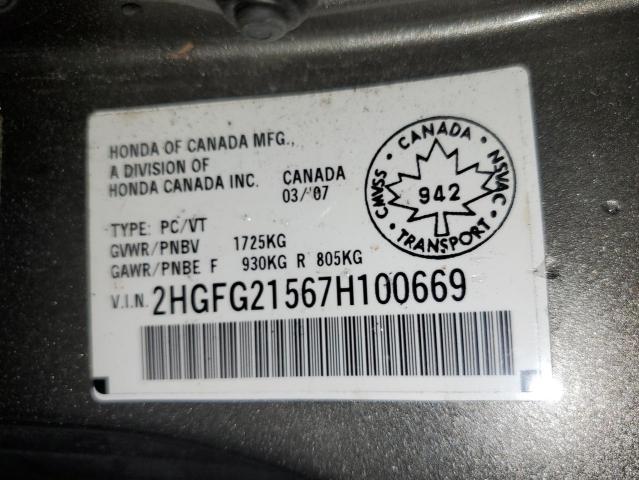 Photo 11 VIN: 2HGFG21567H100669 - HONDA CIVIC 