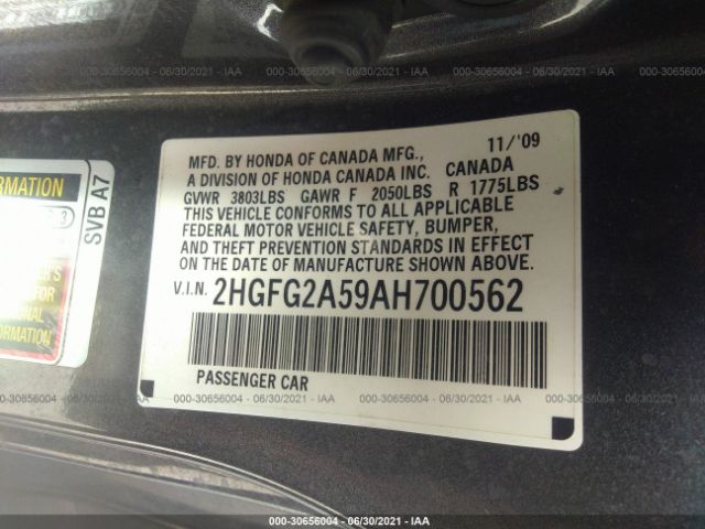 Photo 8 VIN: 2HGFG2A59AH700562 - HONDA CIVIC CPE 