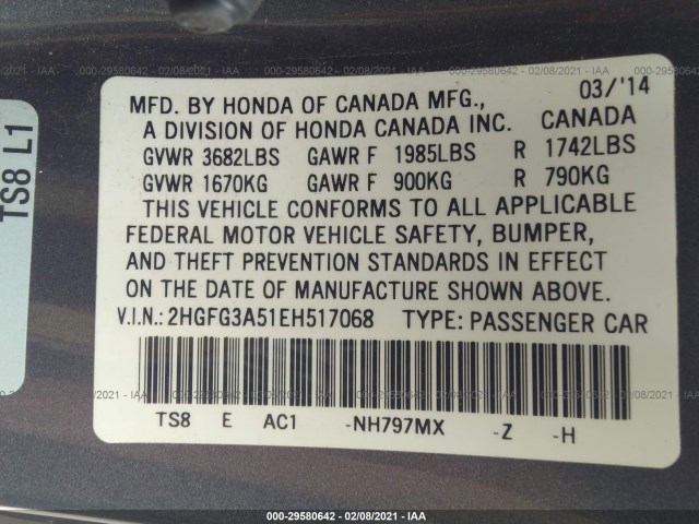 Photo 8 VIN: 2HGFG3A51EH517068 - HONDA CIVIC COUPE 