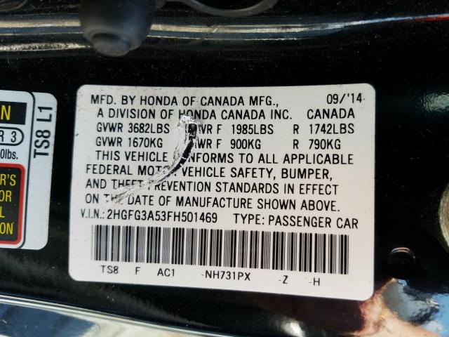 Photo 9 VIN: 2HGFG3A53FH501469 - HONDA CIVIC LX 