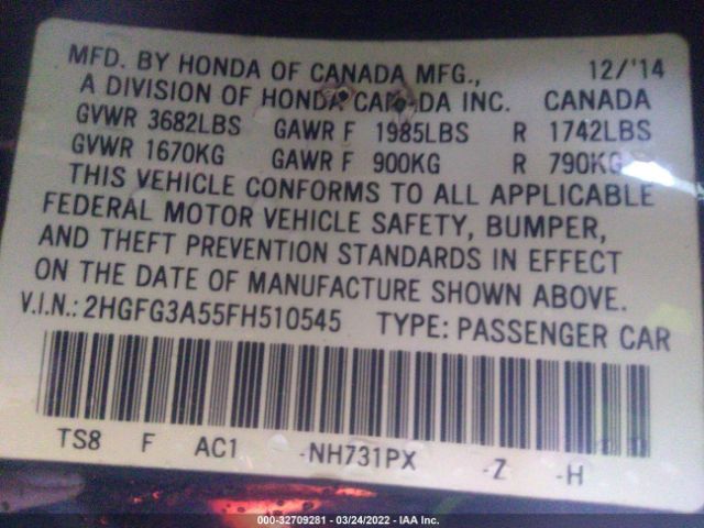 Photo 8 VIN: 2HGFG3A55FH510545 - HONDA CIVIC COUPE 