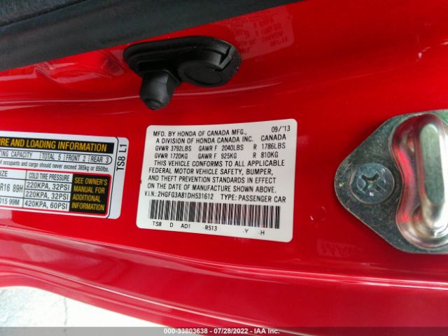 Photo 8 VIN: 2HGFG3A81DH531612 - HONDA CIVIC CPE 