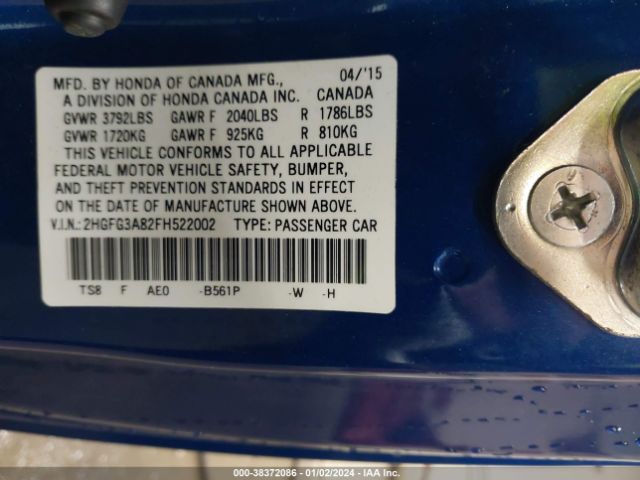 Photo 8 VIN: 2HGFG3A82FH522002 - HONDA CIVIC 