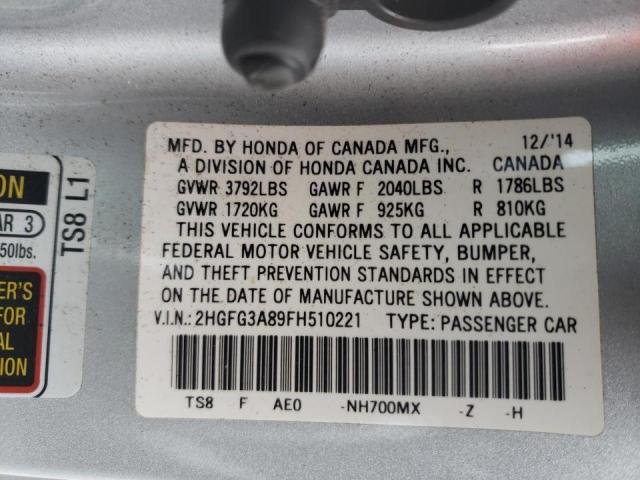 Photo 9 VIN: 2HGFG3A89FH510221 - HONDA CIVIC EX 