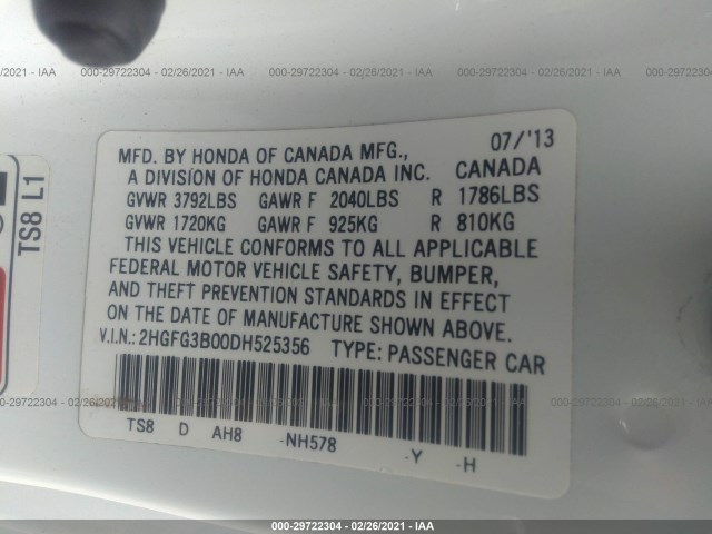 Photo 8 VIN: 2HGFG3B00DH525356 - HONDA CIVIC CPE 