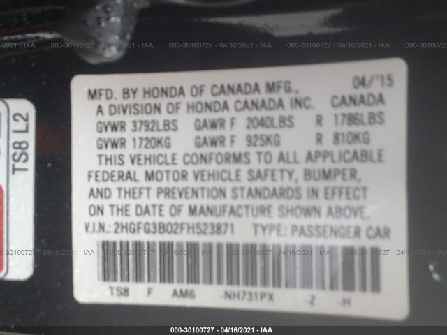 Photo 8 VIN: 2HGFG3B02FH523871 - HONDA CIVIC 