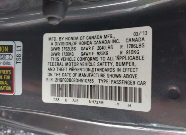 Photo 8 VIN: 2HGFG3B03DH510785 - HONDA CIVIC CPE 