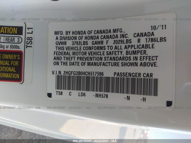 Photo 8 VIN: 2HGFG3B04CH517596 - HONDA CIVIC CPE 