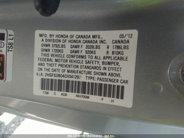 Photo 8 VIN: 2HGFG3B04CH541297 - HONDA CIVIC CPE 