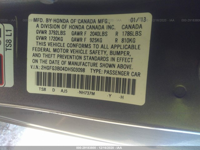 Photo 8 VIN: 2HGFG3B04DH503098 - HONDA CIVIC CPE 