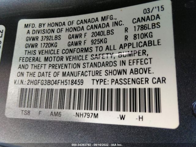 Photo 8 VIN: 2HGFG3B04FH518459 - HONDA CIVIC COUPE 