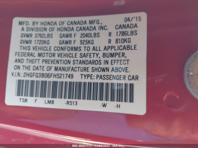 Photo 8 VIN: 2HGFG3B06FH521749 - HONDA CIVIC COUPE 