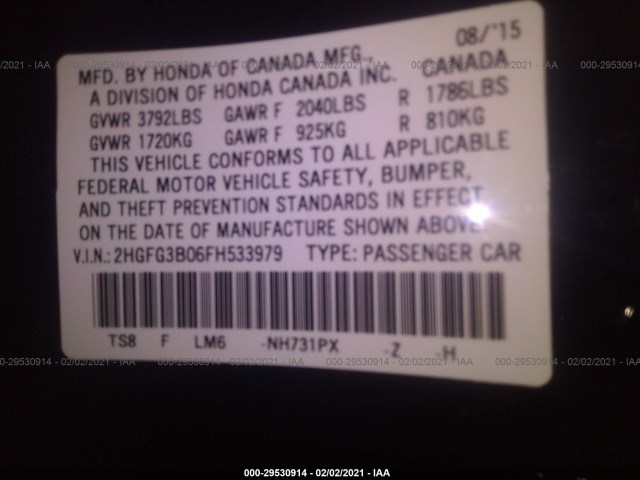 Photo 8 VIN: 2HGFG3B06FH533979 - HONDA CIVIC COUPE 