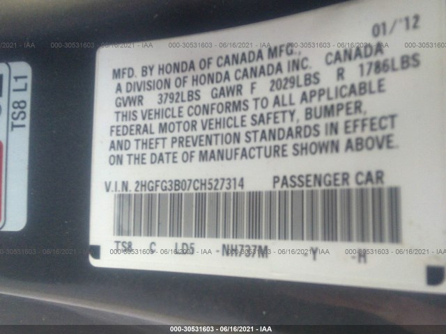 Photo 8 VIN: 2HGFG3B07CH527314 - HONDA CIVIC CPE 