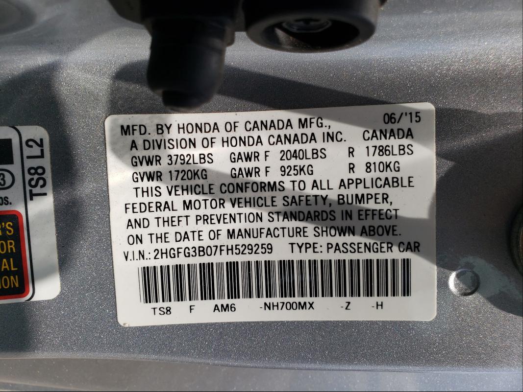 Photo 9 VIN: 2HGFG3B07FH529259 - HONDA CIVIC EXL 