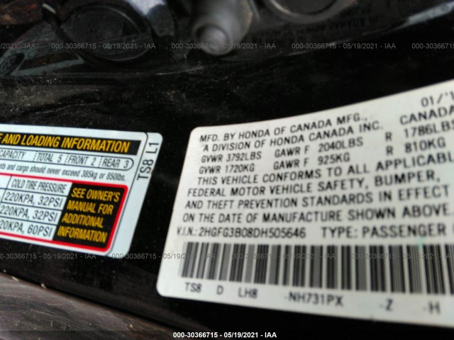 Photo 8 VIN: 2HGFG3B08DH505646 - HONDA CIVIC CPE 