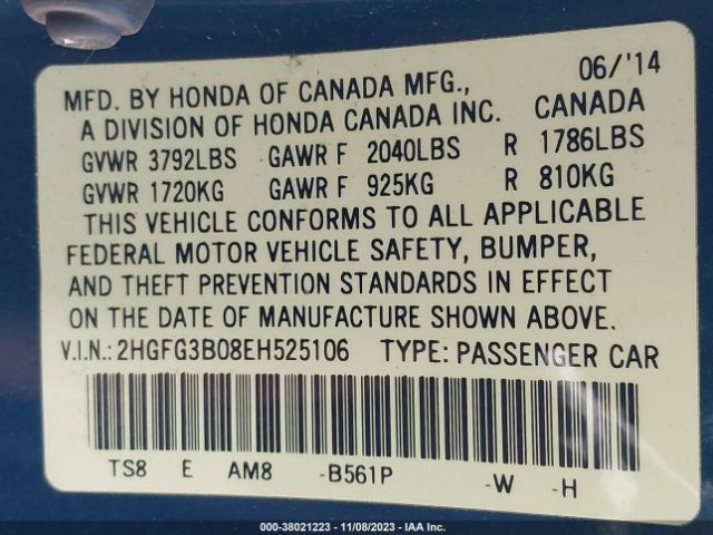 Photo 8 VIN: 2HGFG3B08EH525106 - HONDA CIVIC COUPE 