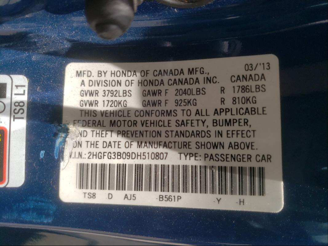 Photo 9 VIN: 2HGFG3B09DH510807 - HONDA CIVIC EXL 