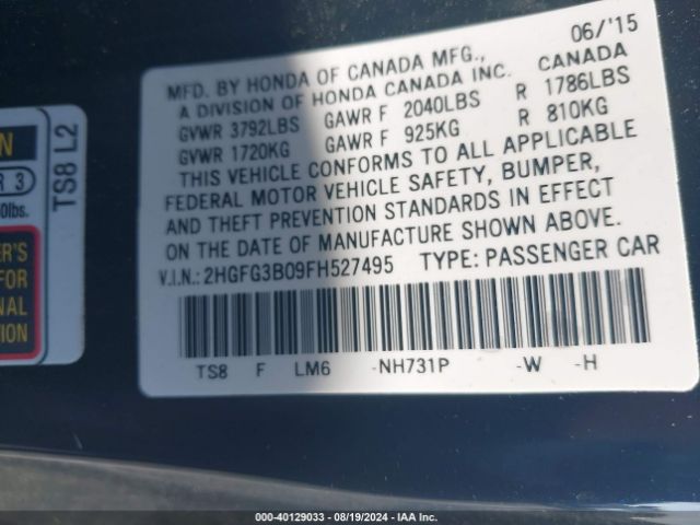 Photo 8 VIN: 2HGFG3B09FH527495 - HONDA CIVIC 