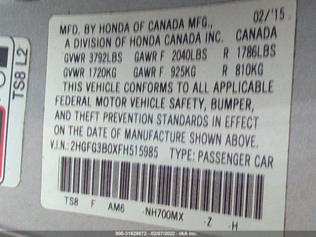 Photo 8 VIN: 2HGFG3B0XFH515985 - HONDA CIVIC COUPE 