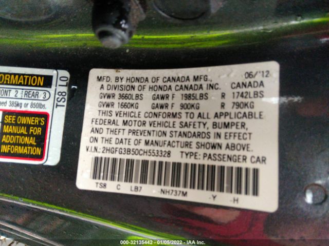 Photo 8 VIN: 2HGFG3B50CH553328 - HONDA CIVIC CPE 