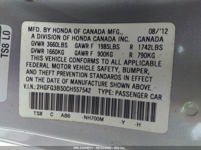 Photo 8 VIN: 2HGFG3B50CH557542 - HONDA CIVIC CPE 