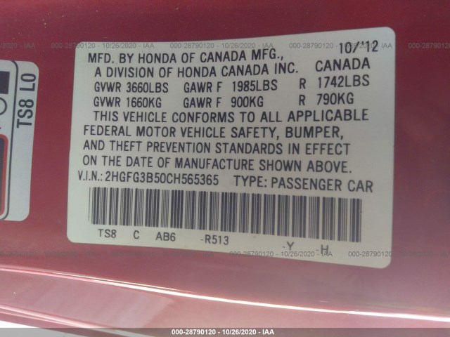 Photo 8 VIN: 2HGFG3B50CH565365 - HONDA CIVIC CPE 