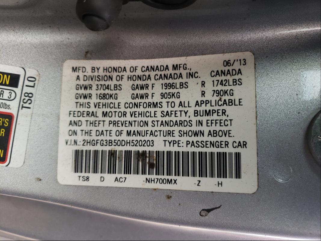 Photo 9 VIN: 2HGFG3B50DH520203 - HONDA CIVIC LX 